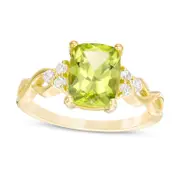 Cushion-Cut Peridot and White Topaz Tri-Sides Twist Ring in Solid 10K Yellow Gold