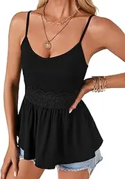 [Vrtige] Women's Casual Spaghetti Strap Sleeveless Lace Ruffle Hem Summer Cami Peplum Top