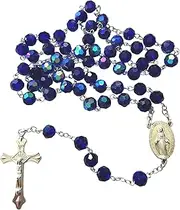 [Rosary Heaven] Dark blue glass rosary beads faceted iridescent sheen Miraculous junction silver, Glass