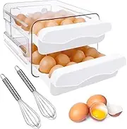 Egg Holder for Refrigerator, FHDUSRYO 32 Capacity Egg Storage Container for Fridge, Stackable Egg Fresh Storage Box, 2 Layer Clear Egg Tray with 2 Whisk for Householder, Kitchen (21.5x22.5x14 cm）