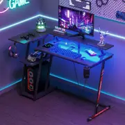 Advwin L Shaped Gaming Desk with LED Lights & Power Outlets Reversible Storage Shelf with Monitor Stand 120cm Computer Desk with Cup Holder & Headphone Hook Black