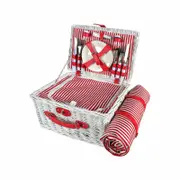 Insulated Picnic Basket Set with Accessories Wicker Pinewood Outdoor Cooler Bag and Blanket for 4 Person