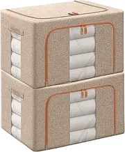 [Swpeet] 2 Pack Beige 66L Approx 19.7"×15.7"×13.0" Metal Frame Stackable Closet, Foldable Storage Bins, Cloth Storage Bag Organizer with Carrying Handles, Clear Window, 2 Open Window, Double Zipper