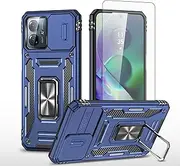 [Asuwish] Phone Case for Motorola Moto G54 5G with Tempered Glass Screen Protector and Slide Camera Cover Magnetic Ring Holder Kickstand Cell Accessories Protective Slim G 54 2023 Women Men Navy Blue