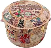 Beige Decorative Multi Patch Indian Hippie Embroidery Vintage Cotton Floor Pillow & Cushion Patchwork Bean Bag Chair Cover Boho Bohemian Hand Embroidered Handmade Pouf Ottoman Cover (18X13 print)