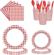 140 Pcs Red and White Gingham Checkered Plaid Party Tableware, Picnic Barbecue Disposable Paper Plates Napkins Forks Birthday Party Decorations Supplies Favors, Serves 20 Guests