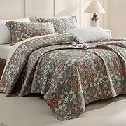 Sanracie 100% Cotton Quilt Queen Size(90"x98"), 3Pcs Flower Botanical Printed Pattern Quilted Bedspreads Set Luxury Soft Lightweight Aesthetic Bedding for All Season