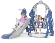 Advwin 4 in 1 Kids Slide Swing Set Toddler Indoor Outdoor Playground with Basketball Hoop Blue
