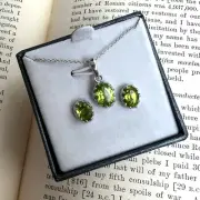 NEW Sterling Silver 925 Green Peridot Oval Necklace & Stud Earring Jewelry Set