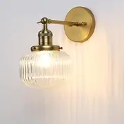 Buyee Vintage Industrial Wall Sconce Indoor Lighting Fixture with Clear Globe Ribbed Glass Lampshade for Bedroom Dining Room Kitchen Hallway (Antique)