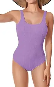 [Angerella] Women's One Piece Swimsuits Tummy Control High Waisted Ribbed Bathing Suit 1 Piece Monokini Swimsuit
