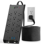 Flat Plug Power Strip 10Ft Long Extension Cord, 4800J Surge Protector, 12 Out...
