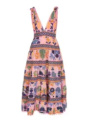 Farm Rio Seashell Tapestry Floral-print Cotton Midi Dress - Pink - XS (UK6 / XS) XS (UK6 / XS)
