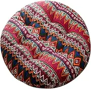 16x16 Inch Round Chair Cushion, Bohemian Red Cotton Linen Seat Pad for Stool, Sofa, Apartment & Office