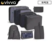 9PCS Travel Pouches Luggage Organiser Clothes Suitcase Storage Bag Black
