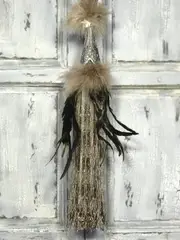 Pair 2 pieces Curtain Tie Backs - 50cm Tassel with Feathers and Beads - Taupe
