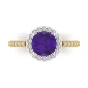 2.40 ct Round Halo Natural Amethyst Promise Bridal Wedding Ring 14k 2 tone Gold