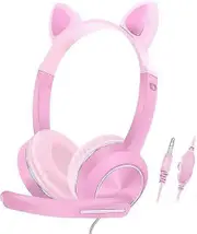 Kids Headphones, Cat Ear Headphones with Microphone for Children Boys & Girls, Wired Headset with 3.5mm Jack for Online Learning, Home, Chromebook, Tr