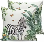 Outdoor Throw Pillow Covers Waterproof Pillow Cases 16x16In, Zebra Green Banana Leaf Butterfly Decorative Pillow Covers Cushion Cases for Couch Sofa Patio Garden,2 Pack Summer Palm Leaf