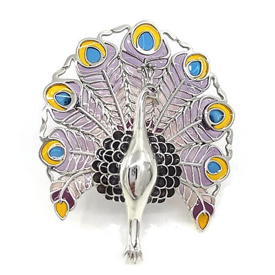 Peacock Brooch Pin Sterling Silver 925 With Ruby Set Eyes & Enamel Feathers