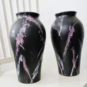 Vintage Vases Pair 13” 1980s Postmodern Ceramic Black Pink & White Splatter
