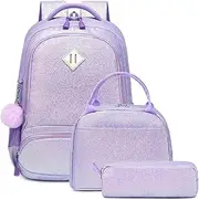 [Meisohua] Girls Backpack with Lunch Box 3 in 1 Set Kids Backpack for Girls Preschool Kindergarten Elementary School Backpack, Glitter Purple, One Size, Modern