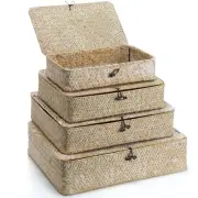 Set of 4 Seagrass Basket with Lid Wicker Storage Basket Decorative Storage Bo...