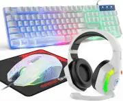 Wired Gaming Keyboard and Mouse Headset Combo,Rainbow LED Backlit Wired Keyboard