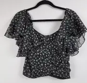 Lulu's Miya Ruffle Short Sleeve Crop Top Women's M Black Floral Zip Back Lined