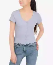 Pink Rose Juniors Lettuce-Trim Button-Front Top Color Light Heather Gray Size M