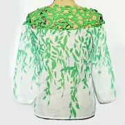 Boat Neck Lace Insert Chiffon Long Sleeve Top Green White Floral Medium