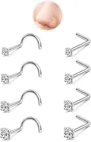 [GingYing] Hypoallergenic Nose Studs for Women Men: 8pcs 316L Surgical Steel 20G L-Shaped/Corkscrew Piercing Jewelry with Cubic Zirconia (1.5mm-3.0mm) Lightweight dainty Nostril Studs, Small, Stainless Steel,