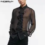 INCERUN男士時尚性感蕾絲透明長袖黑色襯衫