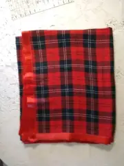 VTG Fieldcrest Blanket Red Black Plaid Lightweight Wool Nylon Satin Binding