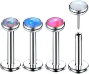 [Piercingpops] 4pcs 16G Stainless Steel Opal Flat Back Earrings Studs Labret Stud Press Fit Threadless Push In Dainty Cartilage Helix Conch Lobe Lip Tragus Piercing Jewelry
