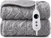 Dreamaker Luxury Faux Fur Electric Heated Throw Blanket 200x180cm Heating Rug Reversible Coral Fleece Plush Snuggle Overheat Protection LED Display 9 Heat Settings Detachable Controller - Silver