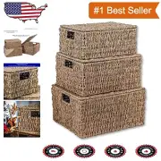 Chic Rectangular Seagrass Baskets with Lids – 3 Size Variations for Home
