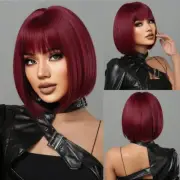 Short Wine Red Bob Wigs for Women Burgundy Bob Wigs with Thick Bangs Heat Resist