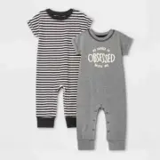 CAT & JACK Baby Girl Obsessed Short Sleeve, Romper, 2 Packs, Gray, Black, White