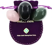 [Polar Jade] Jade & Crystal Wellness Eggs Set of 3 – Nephrite Jade, Rose Quartz & Obsidian, Includes Natural Thread, for Women’s Wellness & Strength