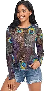 [RPLIFE] Colorful Peacock Feathers Long Sleeve Mesh Top, See Through Long Sleeve Tops for Women S-XXL