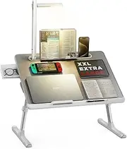 Laptop Bed Tray Desk with LED Desk Lamp, SAIJI Adjustable Laptop Stand for Bed, XX-Large PVC Leather Foldable Laptop Table with Book Stand, Wrist Rest, Extra Leg Room for Sofa Couch Floor (Gray)