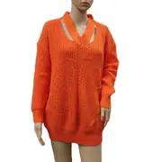 Nevenka Womens V Neck Sweaters Hollow Out Knit Pullover-Orange