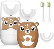 JIANLEJIA Kids Toothbrush Electric,U Shaped Ultrasonic Automatic Toothbrush with 4 Brush Heads,Six Cleaning Modes,Cartoon Modeling Design,Special for Birthday Gift (2-6Y, Brown)