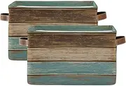 Rectangular Storage Basket Bins, Wood Wooden Stripe Vintage Collapsible Storage Box Cube for Closet Shelves with Handles Laundry Basket Toy Clothes Organizer for Kids Nursery Bedroom 2pc