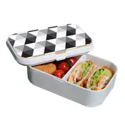 Lunch Box Food Container Authentic Wood Strap Cutlery Hexagonal Grey Black White