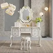 Dressing Table,Makeup Vanity Desk with Mirror & Lights,3 Lighting Modes,5 Wooden Drawers,1 Stool,1 Jewelry Box,European Retro