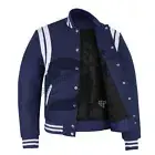 Varsity Bomber Baseball Teddy Navy Wool & White Leather Strips Stylish Jacket