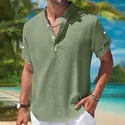 Men's Shirt Linen Shirt Summer Shirt Beach Wear Plain Vacation Casual Blue Green Khaki Beige Short Sleeve Mandarin Collar Summer Spring Summer Clothing Appare