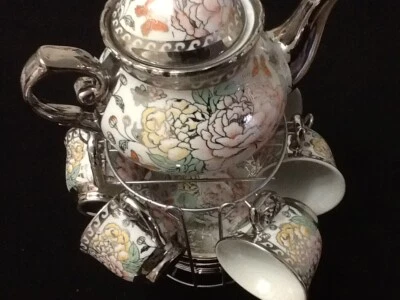 20 Pc Tea Coffee_Set Tea Pot 6 Cups & Saucers w/ Rack_ Silver _Multi 3 oz Cups